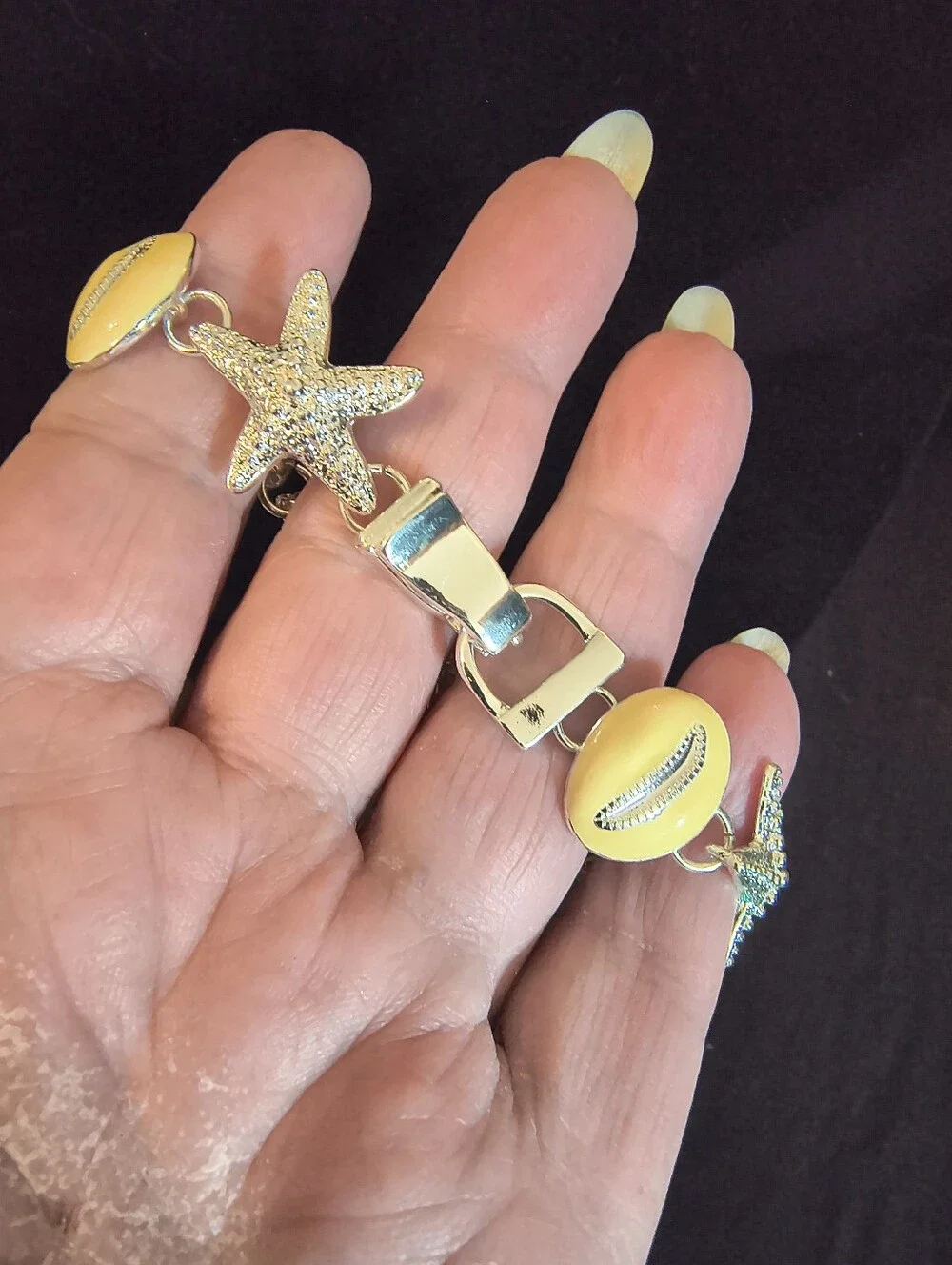 Coastal Starfish Seashell Bracelet 14K White Gold Plated Yellow Enamel NWOT